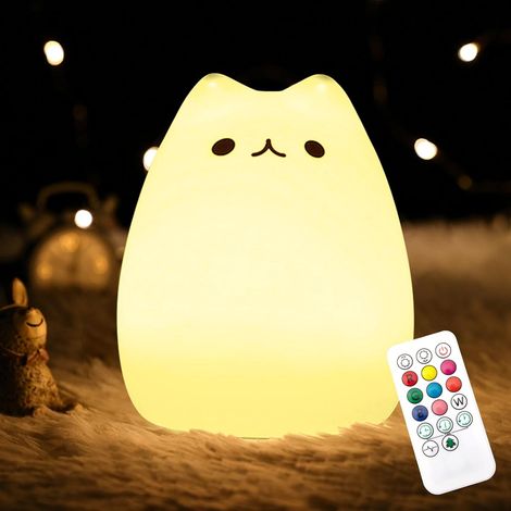 Veilleuse pour Enfants, Veilleuse Chat avec Télécommande, Lampe Kawaii 7 couleurs, Décoration de Chambre, Rechargeable par USB, Jolie Lampe Cadeaux pour Bébé (1/5)