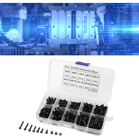 Kit de 300 pièces Boulons à tête hexagonale creuse M3 Noir 10.9 avec écrous assortis