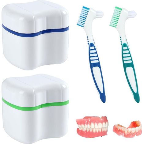 Caja De Limpieza Para Prótesis Dentales - Set De 2 Unidades Con Filtro Extraíble - Para Prótesis Y Aparatos Ortodóncicos - Portátil Para Viaje - Azul Y Verde
