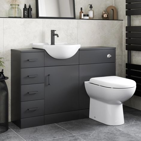 Alpine Black Bathroom Furniture Vanity Unit with Basin 1165mm Toilet Unit Combination (1/5)