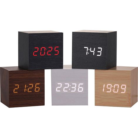 Horloge Numérique LED En Bois - Affichage Heure Date Température - Réveil Avec 3 Niveaux de Luminosité et Volume Réglable - Pour Chambre Bureau - 1 Pièce (1/4)