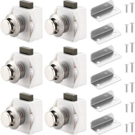 Lot de 6 verrous à bouton-poussoir pour placard, tiroir, placard, porte, caravane, camping-car, bateau, blanc (1/5)