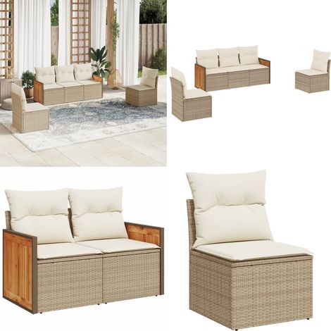5-tlg. Garten-Sofagarnitur mit Kissen Beige Poly Rattan - Gartensortiment - Gartenmöbelset - Lounge Set - Rattan Möbel - Polyethylen Furniture - Home & Living (1/5)