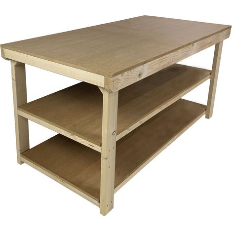 Workbench MDF top, large heavy-duty table (H-90cm, D-90cm, L-150cm) with double shelf