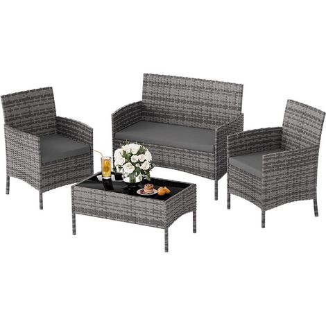 Polyrattan Sitzgruppe 4 Personen Tisch Sofa Stühle Grau Gartenmöbel Set (1/5)