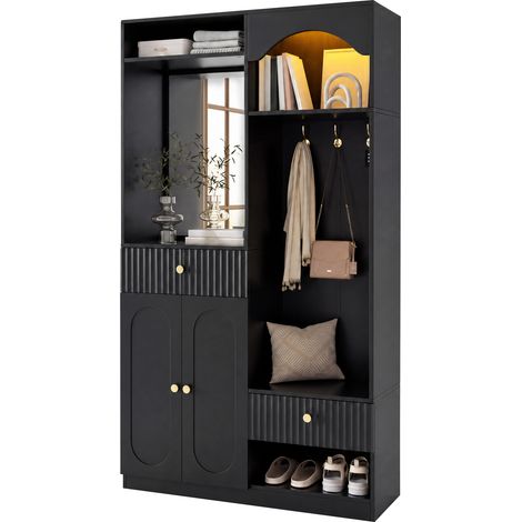 Meuble d’entrée avec miroir, banc, crochets, rangements et LED multicolores, en MDF noir, pour hall moderne 100 x 35 x 180 cm – CHICFURN (1/5)