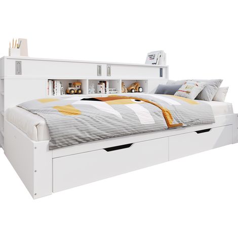 Lit banquette avec rangement 140x200 cm, 2 tiroirs, étagères murales et placards coulissants, MDF blanc, sans matelas, pour chambre ou studio CHICFURN (1/5)