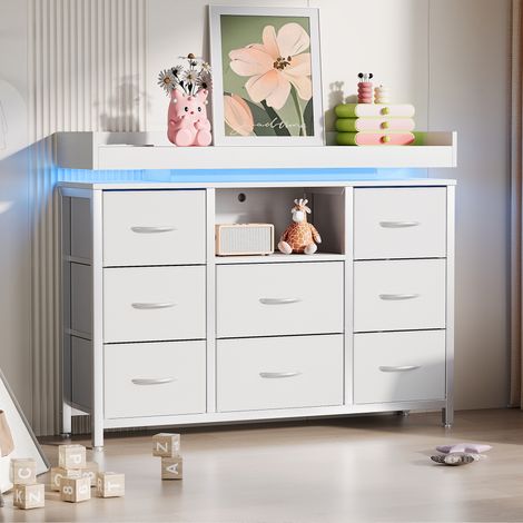 BSMGSGN-Commode 8 tiroirs avec LED et multiprise, meuble de rangement en tissu, cadre en métal et plateau MDF, pour chambre, salon, blanc (1/5)