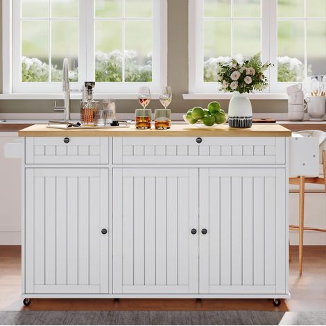 Îlot de cuisine 137x70x89.5 cm naturel et blanc en MDF avec plateau rabattable et grands rangements (1/5)