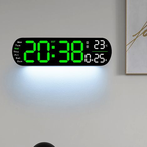 NICOLA Horloge veilleuse télécommande, numérique, gradation automatique de la luminosité, température, heure d'été automatique, vert, date, murale (1/2)