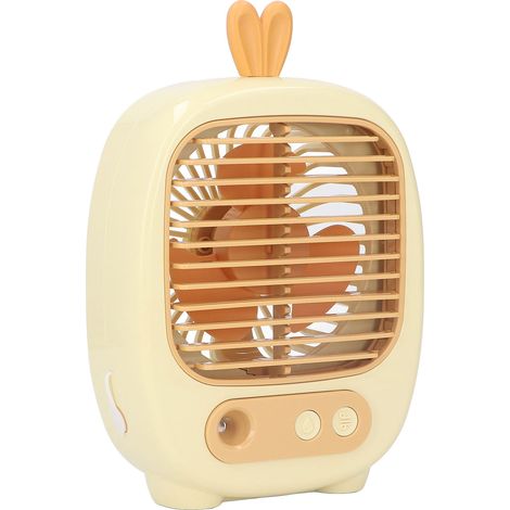 Mini ventilateur de bureau, trois vitesses, fonction d'humidification, chargement USB, batterie 1200 mAh, convient pour le bureau, la maison et les voyages, jaune. (1/5)