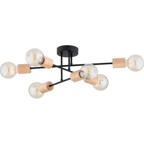 Alfa LA-STENA Minimalist Loft Ceiling Lamp, 6-Light Industrial Black Metal & Light Wood Fixture, 6xE27 (Max 15W), Dimmable with Bulbs, 22cm H, 60.5cm Span
