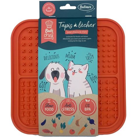Tapis/gamelle à lécher 20x20cm Orange pour Chiens et Chats avec Ventouse, Anti glouton, Anti Stress, Silicone sans BPA, Réduit la Mauvaise Haleine, Compatible Lave-Vaisselle et Congélateur (1/3)