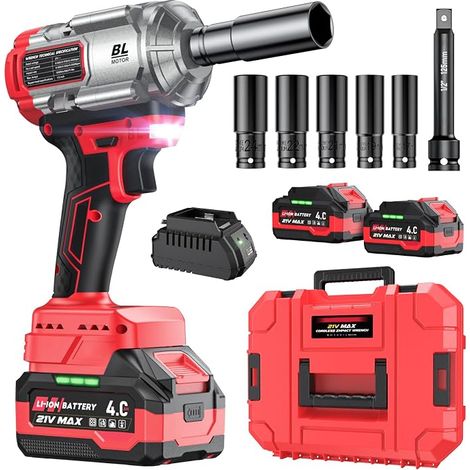 Clé à chocs sans fil, 1200Nm(900 Ft-lbs)1/2 » Brushless Impact Gun, 21V High Torque Power Impact Driver, 2x4.0AH Batteries Electric Impact Motor Variable Speeds for Car, DIY, and Truck RV/Mower (1/5)