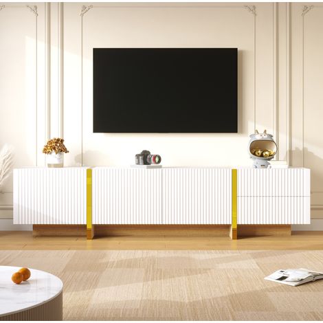 Mueble TV 190x35x45 cm en MDF y paneles de madera blanco con almacenamiento para salón FloraGrace (1/5)