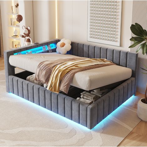 lit coffre 140x200 LED USB velours gris moderne HAVRYA (1/5)