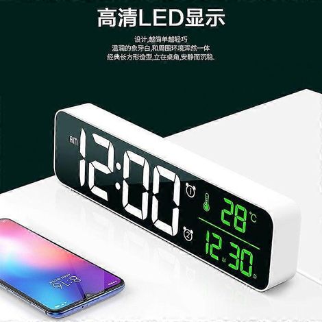 Réveil électronique, horloge numérique miroir, horloge murale musicale LED grand écran, horloge à brancher blanche - compatible avec les modèles à brancher (1/2)