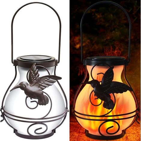 Lot de 2 lampes solaires à flamme vacillante, lanterne solaire d'extéri en métal améliorée pour suspendre des lanternes en verre à flamme LED étanches à énergie solaire pour terrasse, jardin