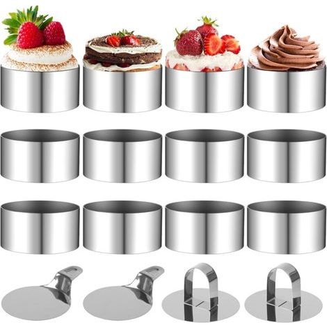 Ensemble de 12 cercles à pâtisserie, cercles de présentation de 8 cm avec 2 couvercles et 2 bases, emporte-pièces ronds en acier inoxydable, cercles à mousse circulaires pour gâteaux, desserts et mous (1/4)