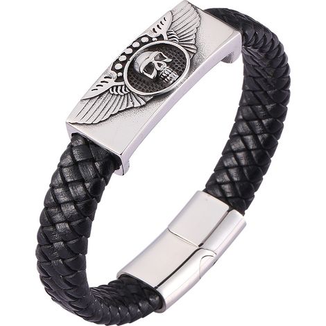 Bracelets en cuir pour homme, style punk, tête de mort/serpent/scorpion/croix, 19-23 cm, bracelets en corde noire personnalisés pour homme/papa (1/4)