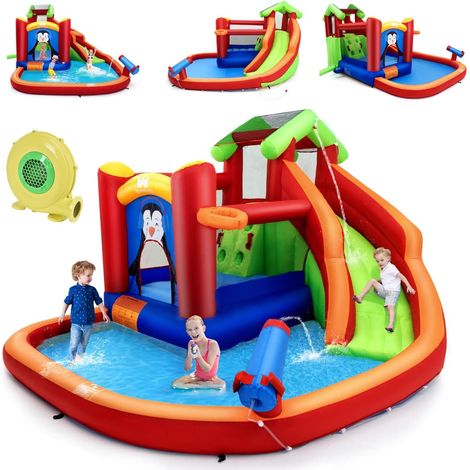 COSTWAY Château Gonflable avec Toboggans Aquatiques, Aire de Jeux Gonflable Piscine avec Motif de Pingouin, Canon à Eau, Panier de Basket-Ball 3 à 10 Ans Rouge Avec Souffleur 680W (1/5)