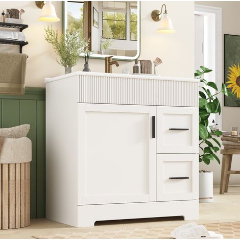 Meuble vasque moderne avec vasque céramique, MDF blanc, 2 tiroirs, étagère latérale et base courbe 81,5 cm (1/5)