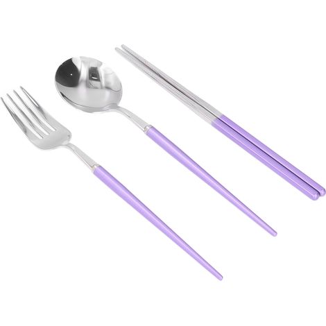 Ensemble de couverts en acier inoxydable portable avec fourchette, cuillère et baguettes pour bureau, camping, école, pique-nique - Violet