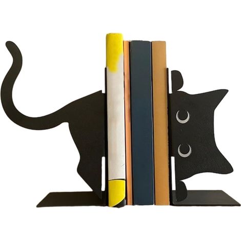 Serre-Livres Chat - En Métal Noir - Pour Étagères - Support Livres Lourds - Paire (1/5)
