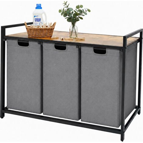 Relaxdays cesto ropa sucia 3 sacos, 150 L, estante madera, 73,5x109,5x33 cm, gris/natural (1/5)