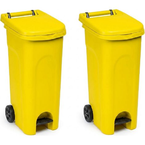 Set di 2 Bidoni Immondizia 80 Litri giallo con Ruote Pedale e coperchio Pattumiera Differenziata  da Esterno e Interno Anello Ferma Sacco Contenitore Rifiuti per Giardino Cucina e Mense Made in Italy (1/5)