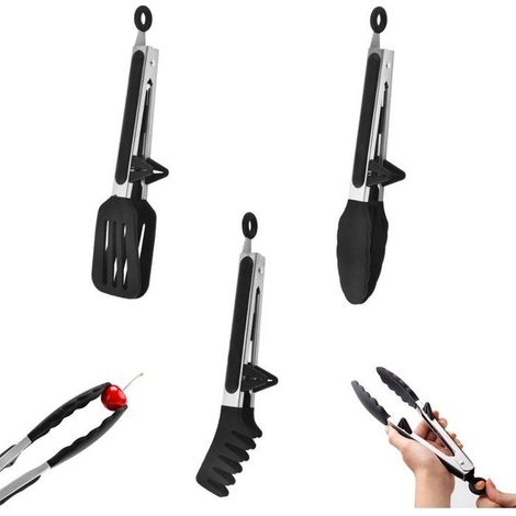 3 pinces de cuisine en acier inoxydable et silicone, support spaghetti/légumes intégré, design ergonomique, lavables au lave-vaisselle (1/5)