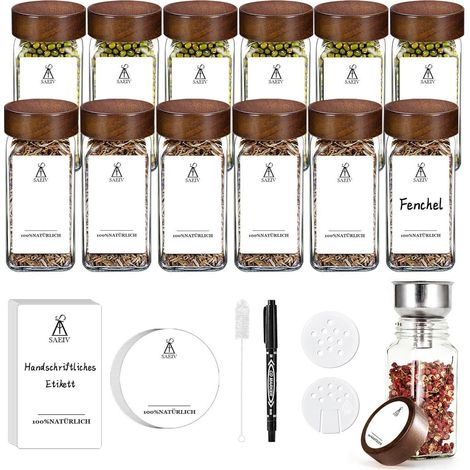 Gewürzgläser 12er Set quadratisch 120ml Akazienholzdeckel E (1/5)