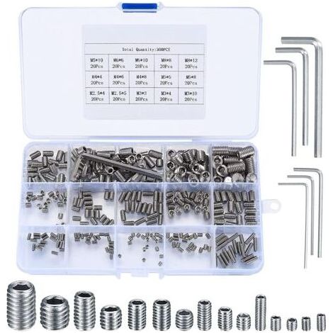 300 Pièces Vis Sans Tête Hexagonale, M2.5/M3/M4/M5/M6/M8 Vis Filetée Internes, Assortiment Kit de Fixations Vis Pointeau pour Poignées de Porte, avec Clé Allen - Argent (1/5)