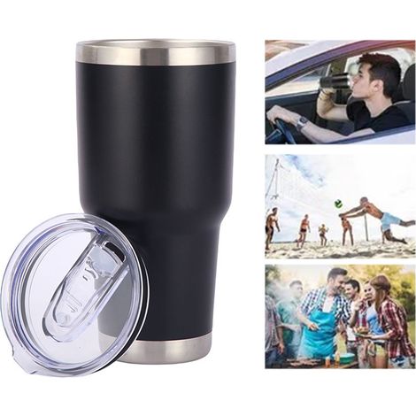 Mug isotherme à double paroi, compact et portable, en acier inoxydable noir, idéal pour le camping, la maison, l'école ou le bureau. (1/5)