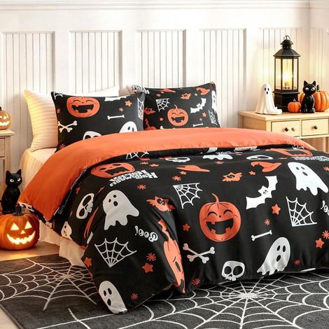 Parure de lit Halloween Citrouille Fantômes 135x200 cm Réversible Microfibre