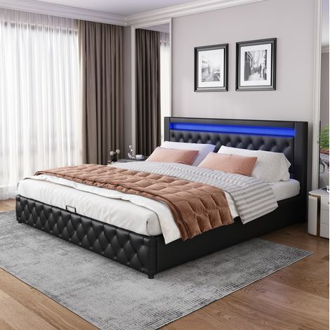 Letto imbottito classico 180x200 cm nero in PU con testiera alta, rete a doghe, vano contenitore e LED (1/5)
