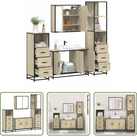 vidaXL Meuble vasque - Ensemble de meubles de salle de bain 4 pcs chêne sonoma (1/5)