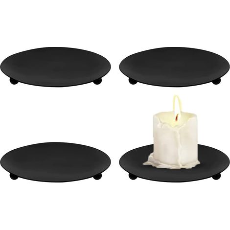 Juego de 4 candelabros de metal con bandeja retro de 10 cm/3,9 pulgadas, candelabro de hierro vintage, redondo, para familia, boda, fiesta, cumpleaños, Navidad (negro) (1/5)