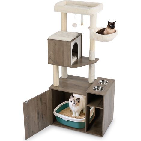 COSTWAY Cat Litter Box Enclosure Cat Climbing Tower w/Sisal Scratching Post Grey
