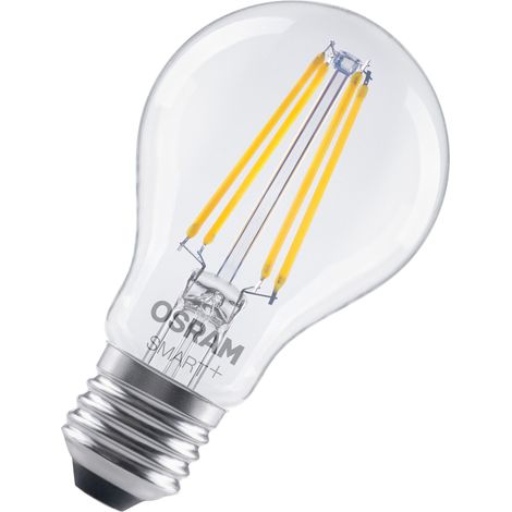 OSRAM Lampe LED  SMART+, A60, 6 W, 2 700 K, E27, en forme d'ampoule, à filament, transparente, à intensité variable, contrôlable avec application ou assistant vocal, compatible Matter