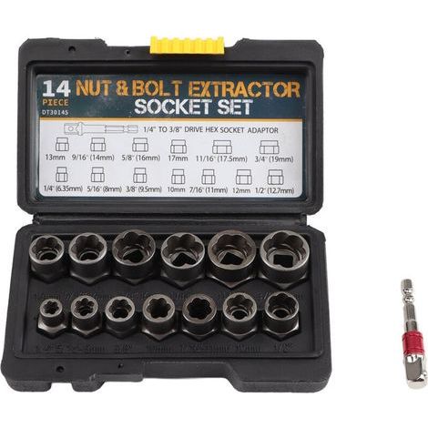 Set of 14 nut and bolt extractors, made of CR-V steel, 3/8" drive, for automotive repair, natural color (1/2)