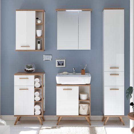 Badezimmer Möbel-Set MALANJE-66 Badmöbel Komplett-Set in weiß glänzend & Riviera Eiche quer Nb. - B/H/T: 176,5x200x33cm (1/5)