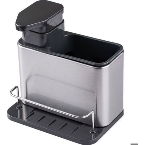 Distributeur Savon Porte Eponge 3 En 1 Acier Inoxydable PP Lavabo Cuisine Salle De Bain Noir 1 Pièce (1/5)