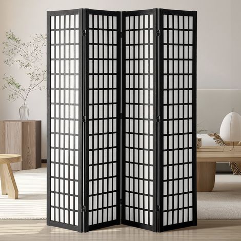 Cloison de Séparation Japonaise à 4 Panneaux, Séparateur de Pièce Pliable en Bois, Paravent de Confidentialité, pour Séparation de Pièce, Maison, Bureau, Restaurant et Chambre à Coucher, Noir (1/5)