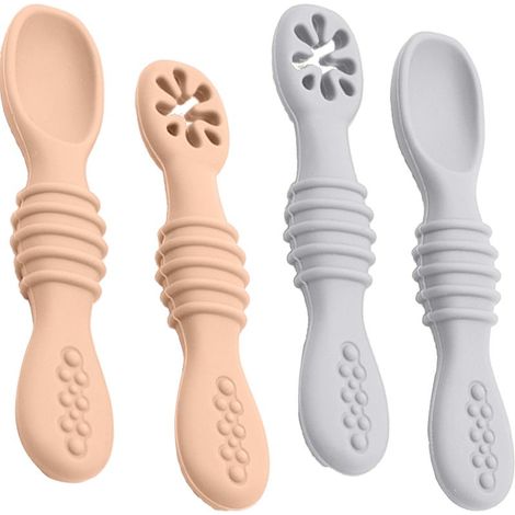 Lot de 2 cuillères d'apprentissage adhésives en silicone pour enfants - Couleur chair + Gris froid (1/5)