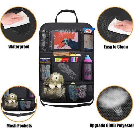 Lot de 2 Housses de Siège de Voiture, Organisateur de Siège Arrière pour Enfants, Compartiment pour Ipad/Tablette, Protection Arrière de Tapis, Imperméable (Noir) (1/5)