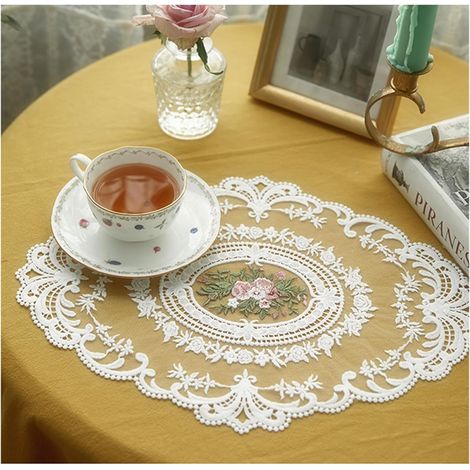 Lot de 2 napperons rétro en dentelle au crochet français - Sets de table ovales en dentelle brodée - 30,5 x 40,6 cm - Beige (1/5)