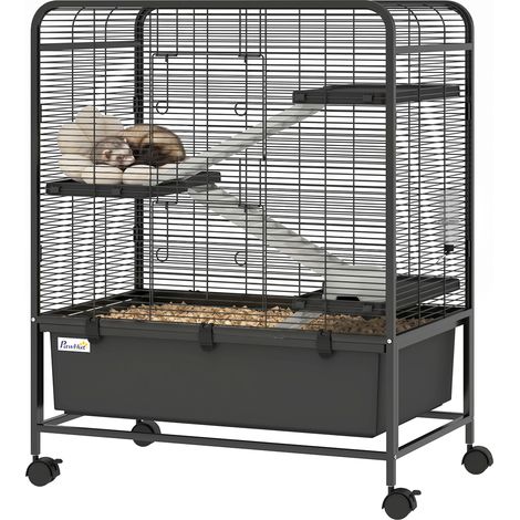 Cage pour rongeurs - PawHut - sur roulantes, 4 niveaux, 3 plateformes, 3 rampes, bouteille d'eau - acier - 75x46x94,5cm - noir