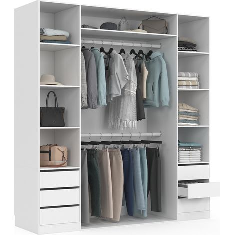 Idmarket – Dressing double TAYLOR 185 x 55 x 200 cm – 2 barres de penderie – 9 étagères – 6 tiroirs – blanc (1/5)