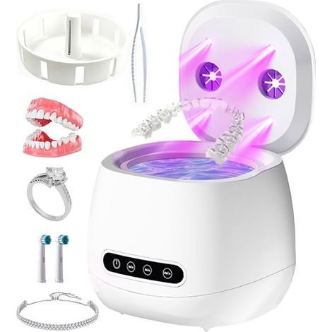Ultraschall-Zahnprothesenreiniger mit UV-Sterilisator, Reinigungsgerät für Zahnprothesen, kieferorthopädische Apparaturen, Mundschutz und Schmuck – tragbar, wiederaufladbar (1/5)